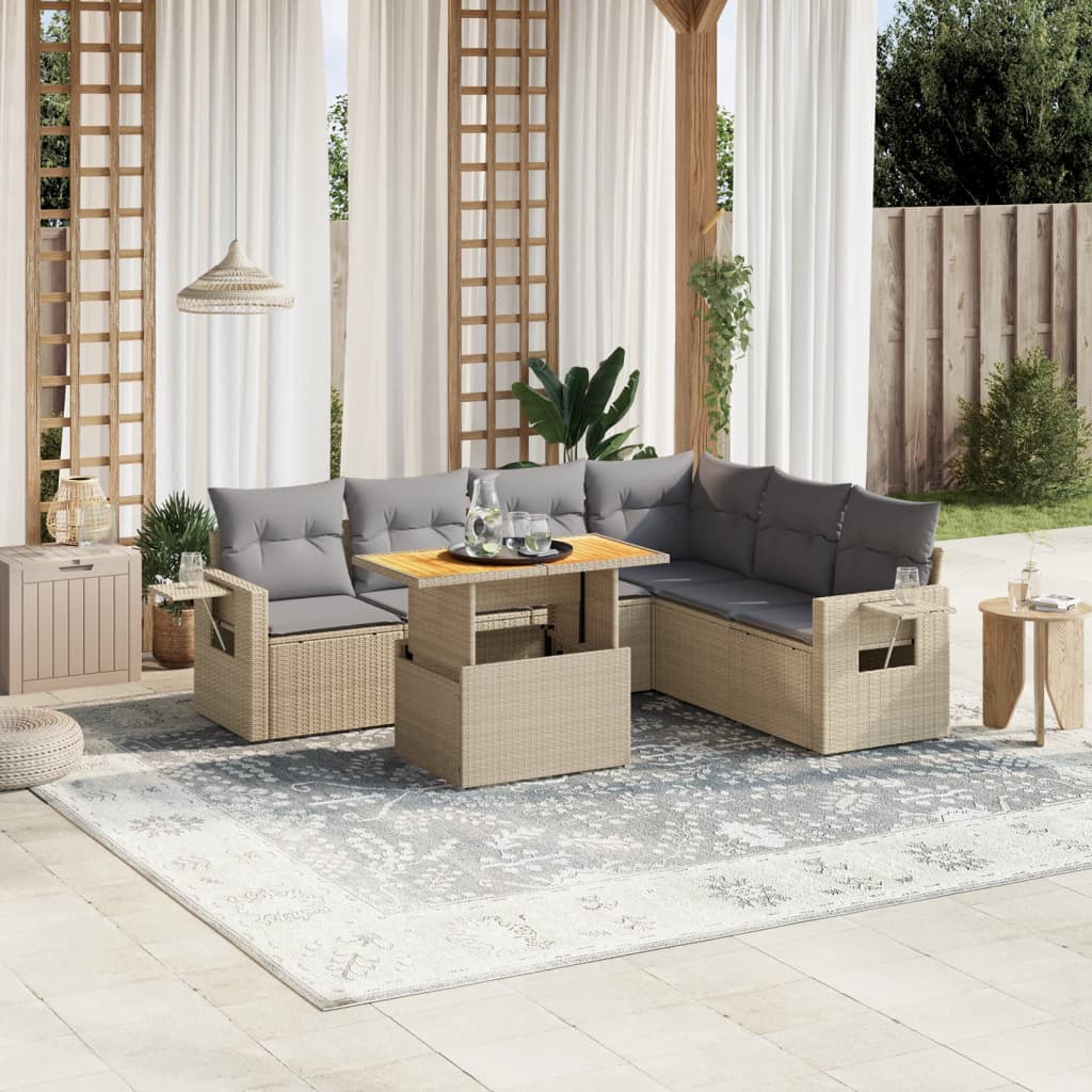 Set Divani da Giardino 7 pz con Cuscini Beige in Polyrattan