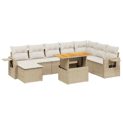 Set Divano da Giardino 9 pz con Cuscini Beige in Polyrattan