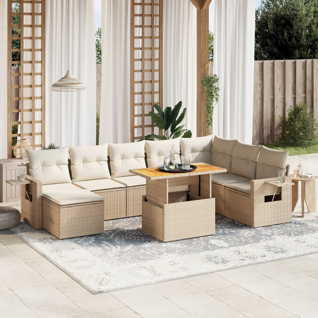 Set Divano da Giardino 9 pz con Cuscini Beige in Polyrattan