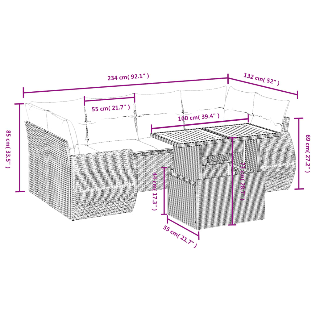 Set Divani da Giardino 7 pz con Cuscini Grigio in Polyrattan