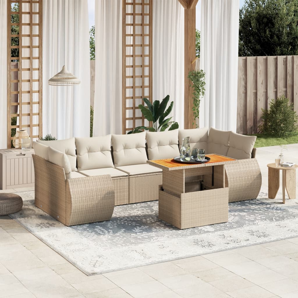 Set Divano da Giardino 8 pz con Cuscini Beige in Polyrattan