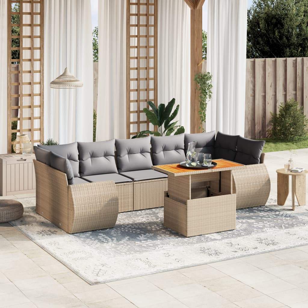 Set Divano da Giardino 8 pz con Cuscini Beige in Polyrattan - homemem39