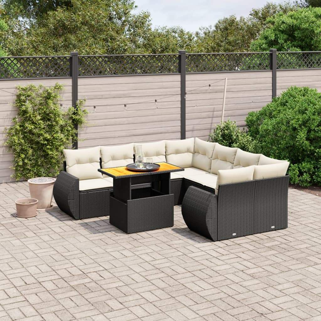Set Divani da Giardino 9 pz con Cuscini Nero in Polyrattan - homemem39