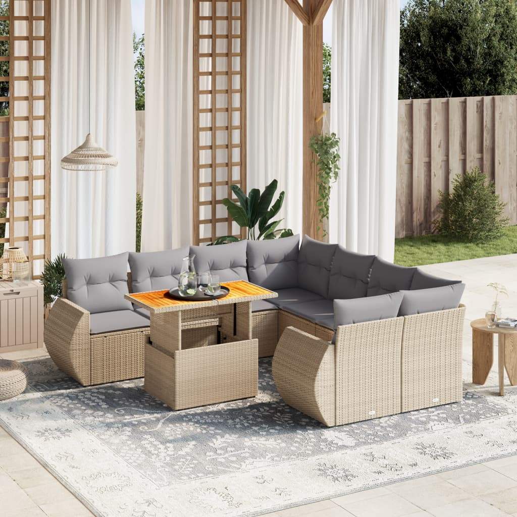 Set Divano da Giardino 9 pz con Cuscini Beige in Polyrattan - homemem39