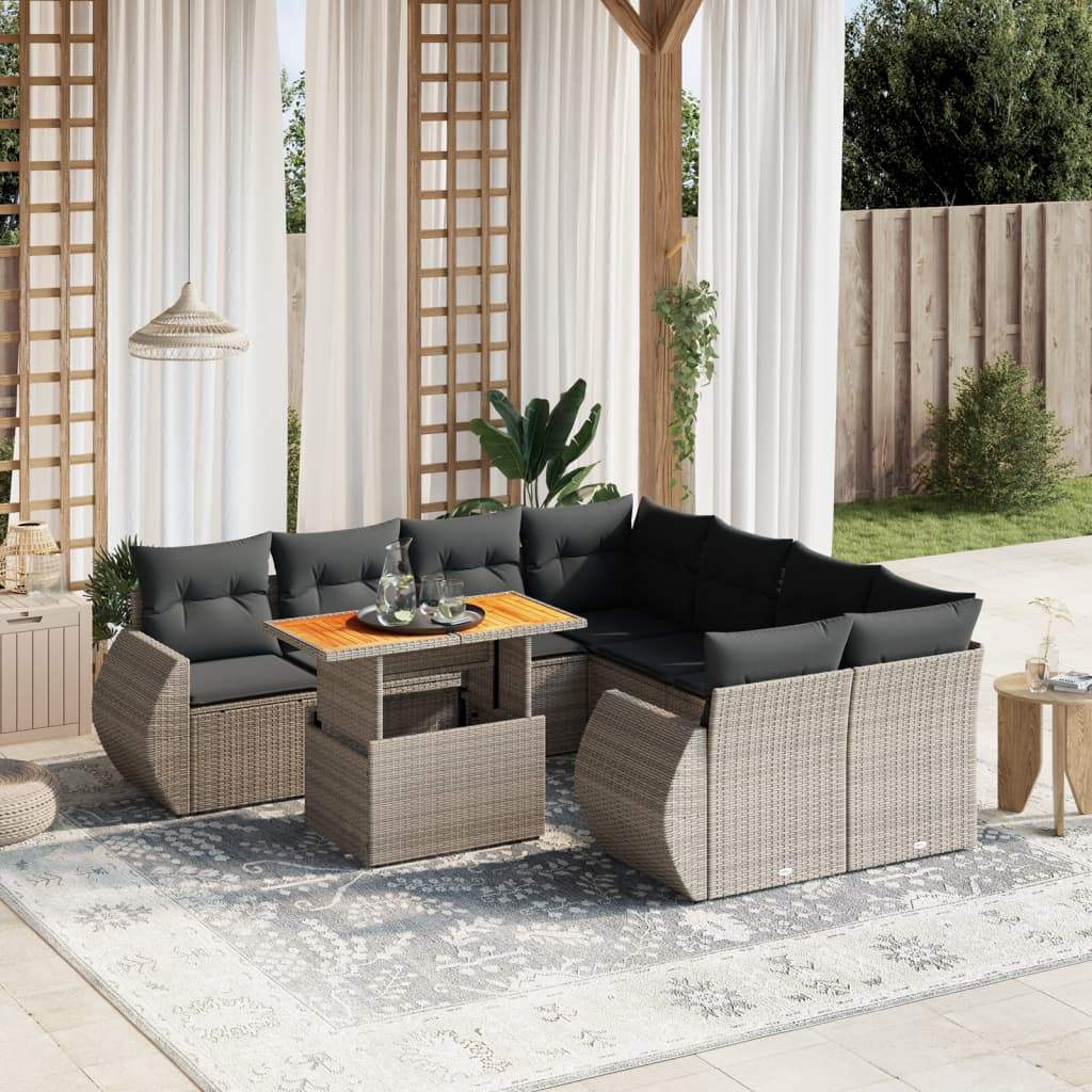 Set Divano da Giardino 9 pz con Cuscini Grigio in Polyrattan - homemem39