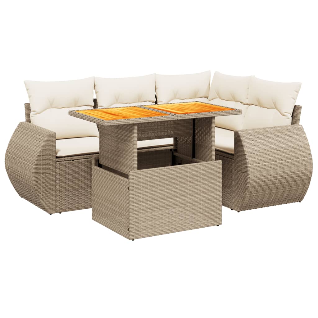 Set Divano da Giardino 5 pz con Cuscini Beige in Polyrattan