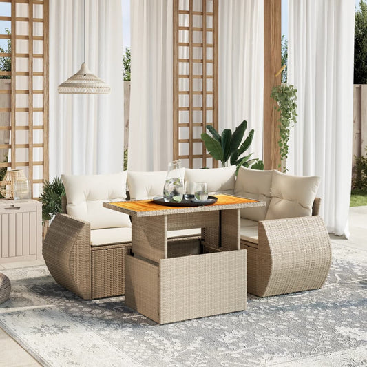 Set Divano da Giardino 5 pz con Cuscini Beige in Polyrattan