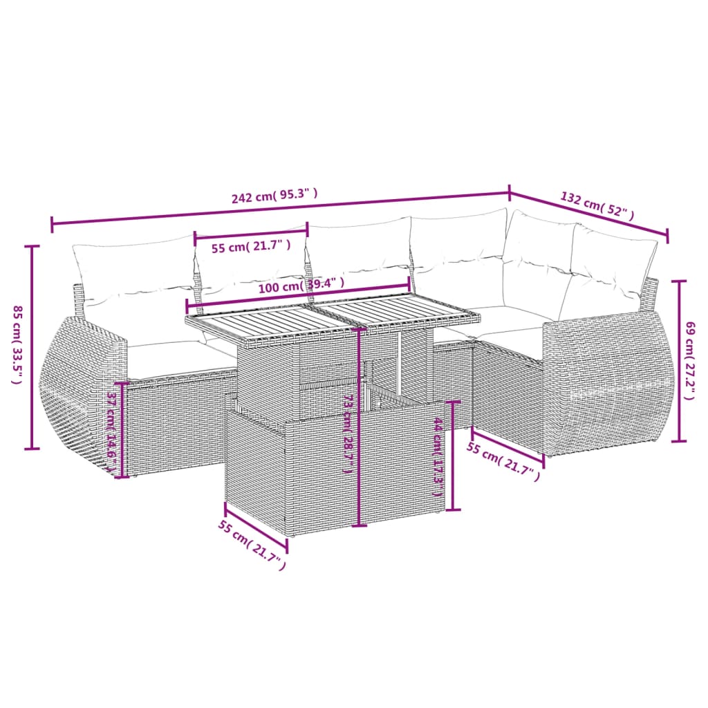 Set Divano da Giardino 6 pz con Cuscini Grigio in Polyrattan