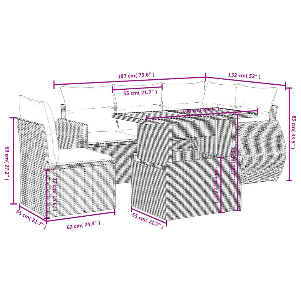 Set Divano da Giardino 6 pz con Cuscini Grigio in Polyrattan