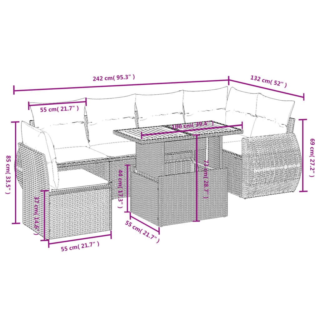 Set Divani da Giardino 7 pz con Cuscini Beige in Polyrattan