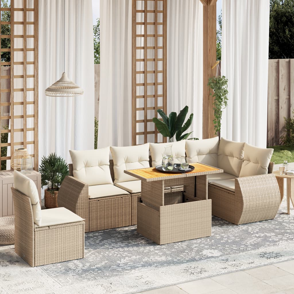 Set Divani da Giardino 7 pz con Cuscini Beige in Polyrattan