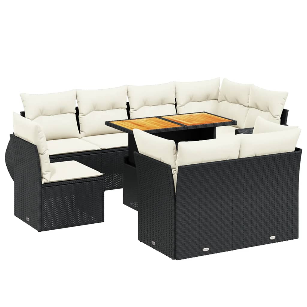 Set Divani da Giardino 9 pz con Cuscini Nero in Polyrattan