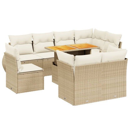 Set Divano da Giardino 9 pz con Cuscini Beige in Polyrattan