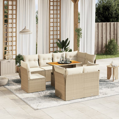 Set Divano da Giardino 9 pz con Cuscini Beige in Polyrattan