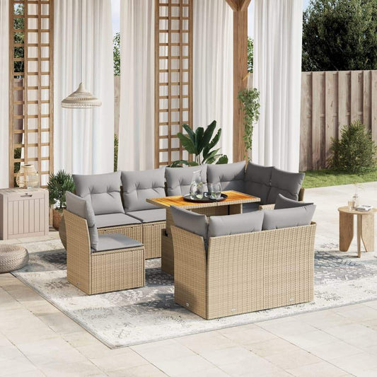 Set Divano da Giardino 9 pz con Cuscini Beige in Polyrattan - homemem39