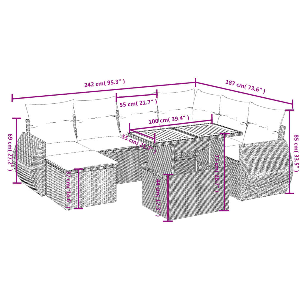 Set Divano da Giardino 8 pz con Cuscini Beige in Polyrattan