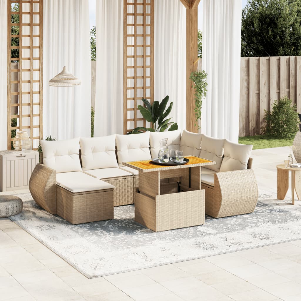 Set Divano da Giardino 8 pz con Cuscini Beige in Polyrattan