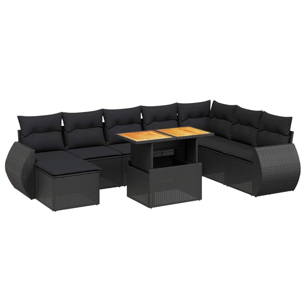 Set Divani da Giardino 9 pz con Cuscini Nero in Polyrattan - homemem39