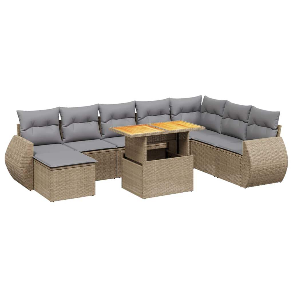 Set Divano da Giardino 9 pz con Cuscini Beige in Polyrattan - homemem39
