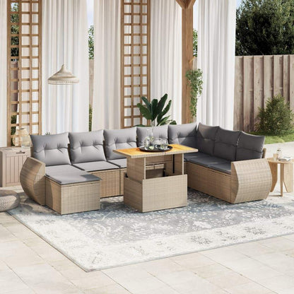 Set Divano da Giardino 9 pz con Cuscini Beige in Polyrattan - homemem39