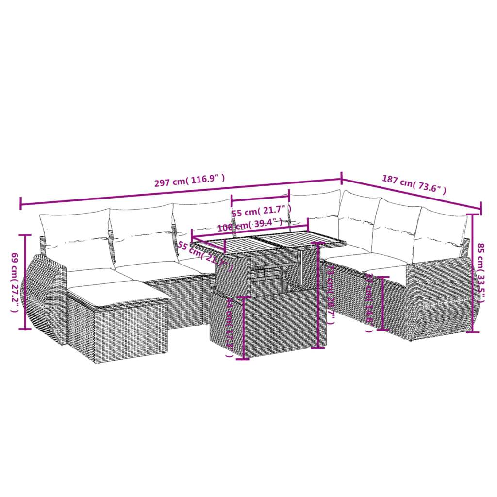 Set Divano da Giardino 9 pz con Cuscini Grigio in Polyrattan - homemem39