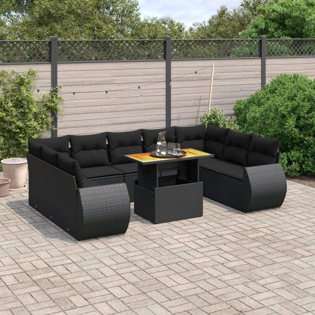 Set Divani da Giardino 10pz con Cuscini in Polyrattan Nero - homemem39