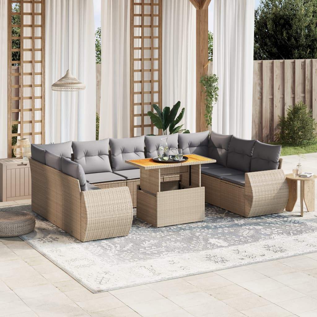 Set Divano da Giardino 10 pz con Cuscini Beige in Polyrattan - homemem39
