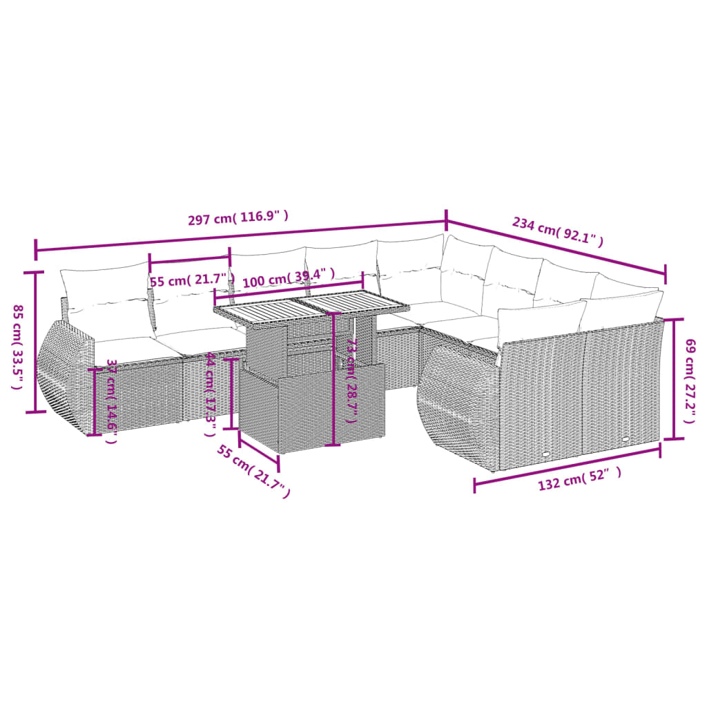 Set Divano da Giardino 10 pz con Cuscini Grigio in Polyrattan