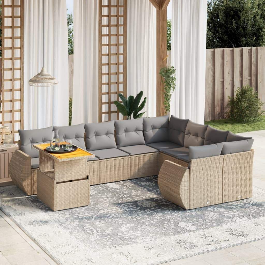Set Divano da Giardino 10 pz con Cuscini Beige in Polyrattan - homemem39