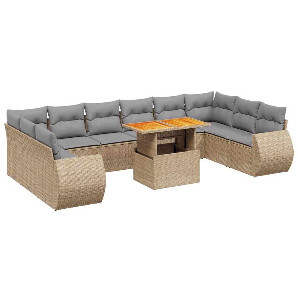 Set Divani da Giardino 11 pz con Cuscini Beige in Polyrattan