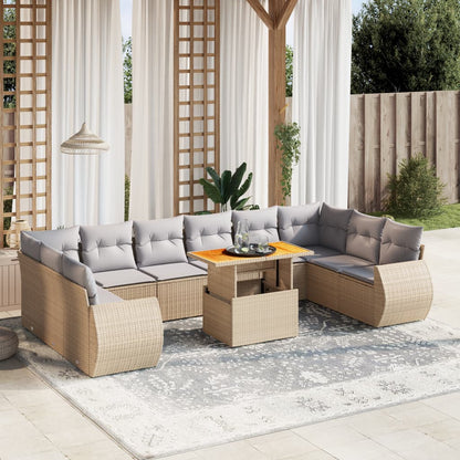 Set Divani da Giardino 11 pz con Cuscini Beige in Polyrattan