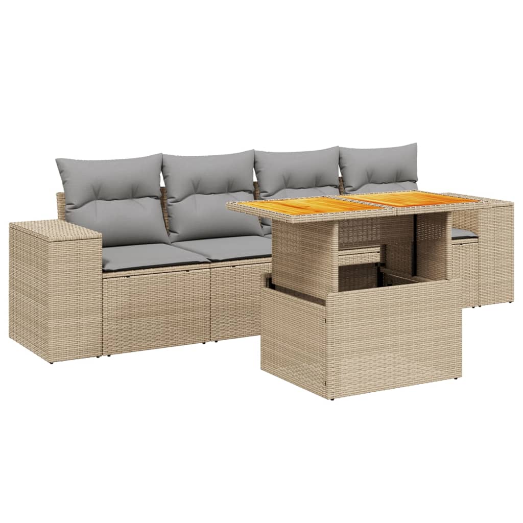 Set Divano da Giardino 5 pz con Cuscini Beige in Polyrattan