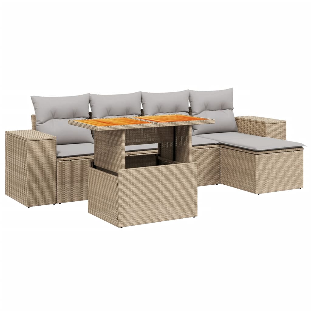 Set Divano da Giardino 6 pz con Cuscini Beige in Polyrattan