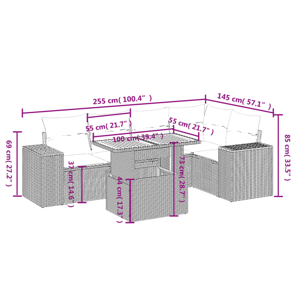 Set Divano da Giardino 6 pz con Cuscini Beige in Polyrattan