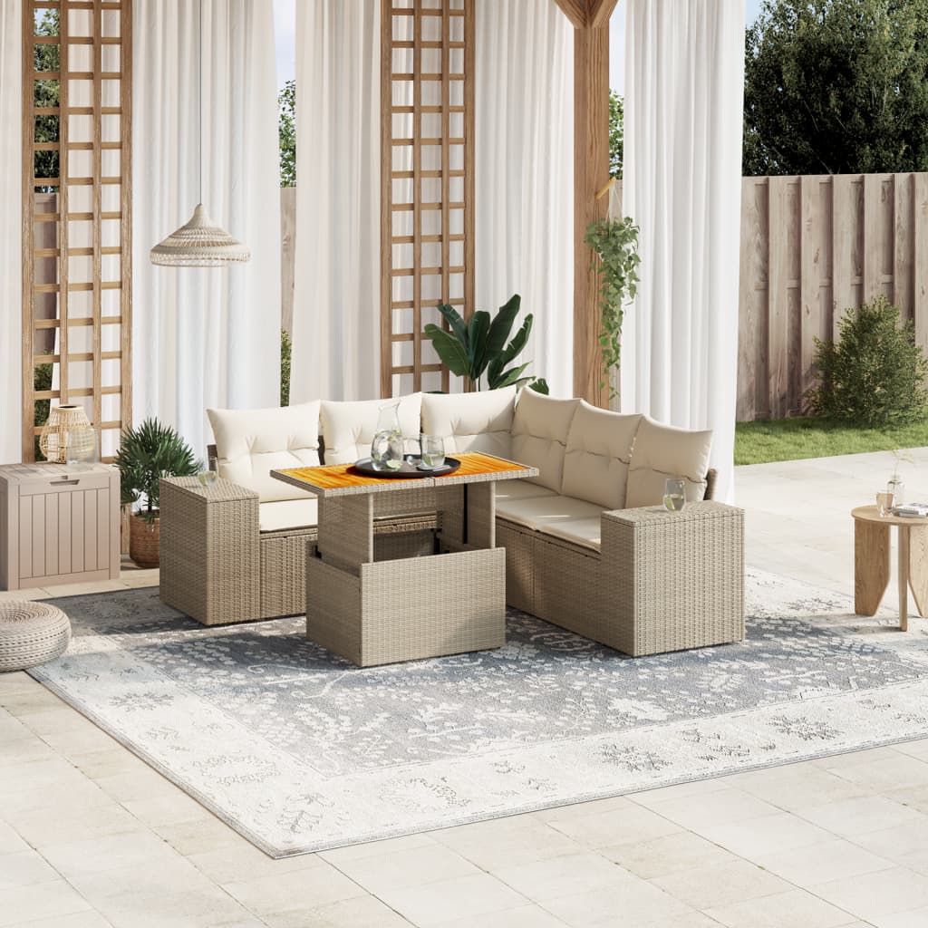 Set Divano da Giardino 6 pz con Cuscini Beige in Polyrattan