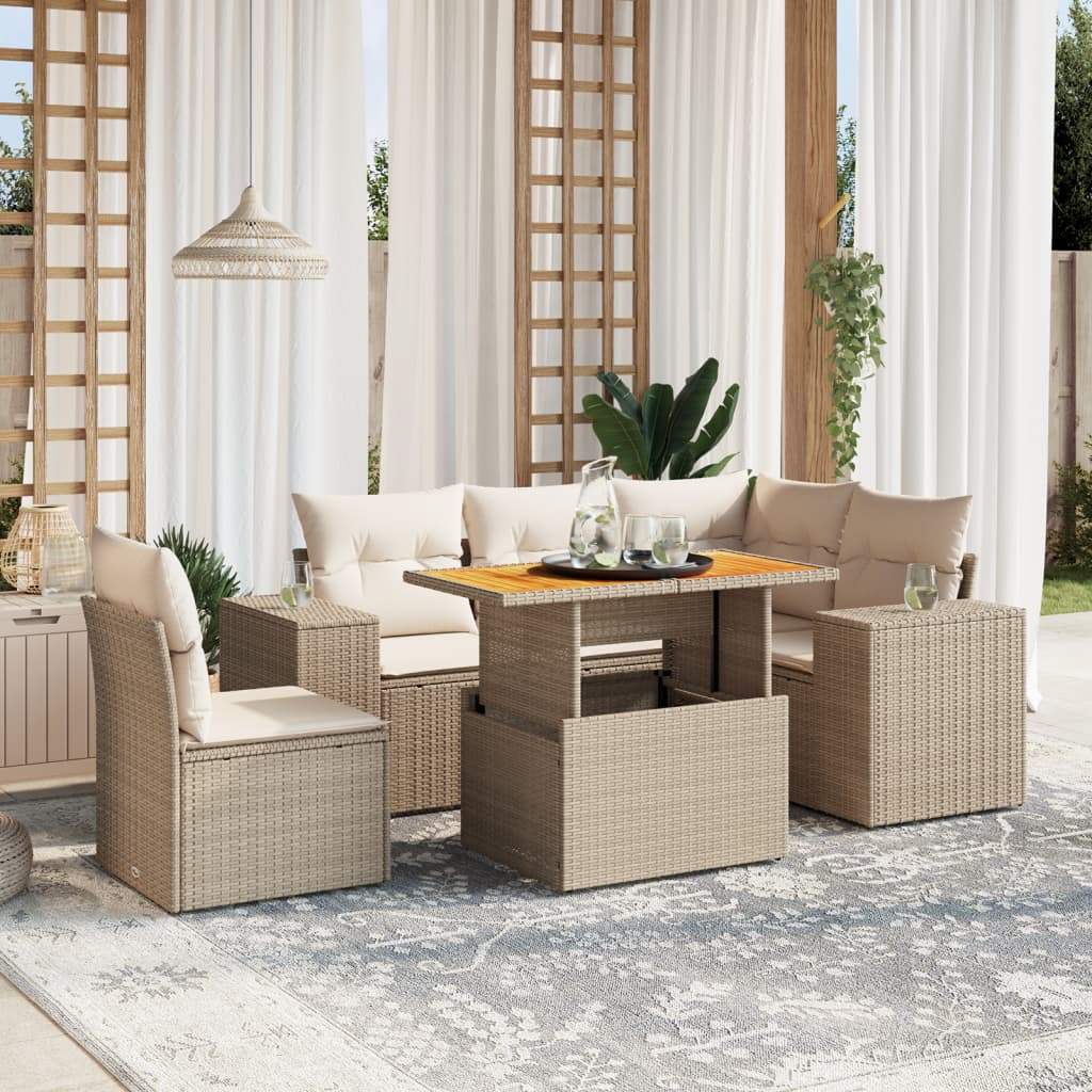 Set Divano da Giardino 6 pz con Cuscini Beige in Polyrattan - homemem39