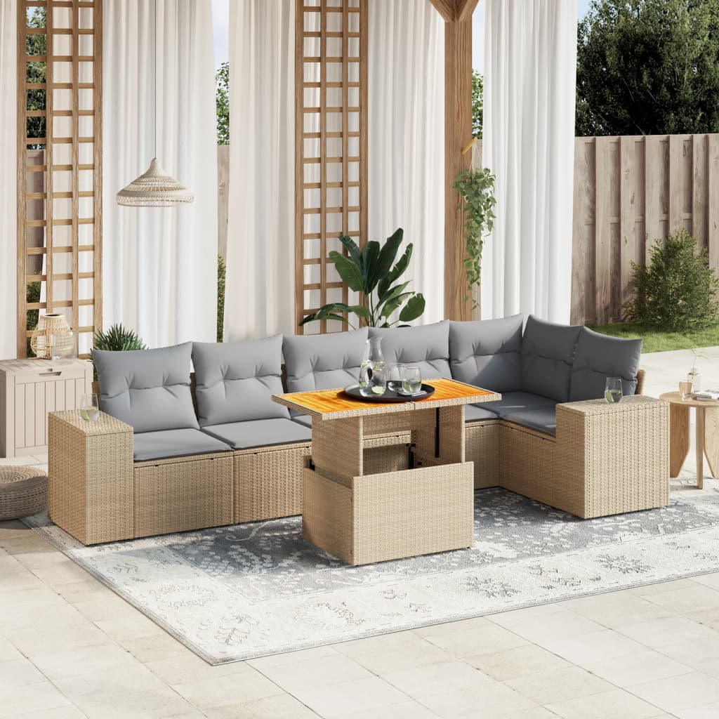 Set Divani da Giardino 7 pz con Cuscini Beige in Polyrattan