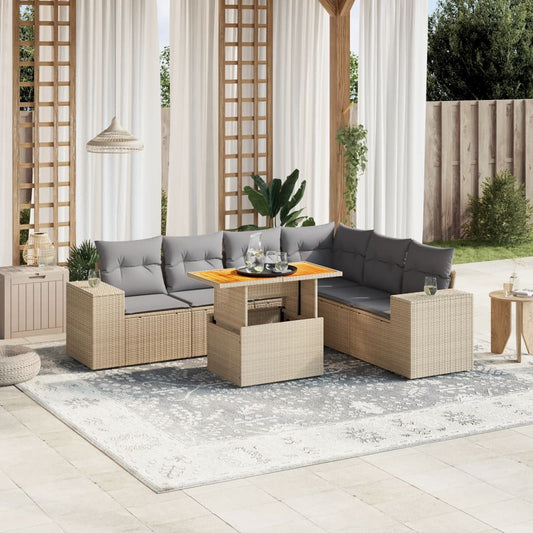 Set Divani da Giardino 7 pz con Cuscini Beige in Polyrattan