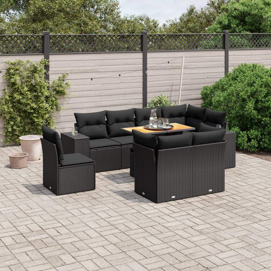 Set Divani da Giardino 9 pz con Cuscini Nero in Polyrattan - homemem39