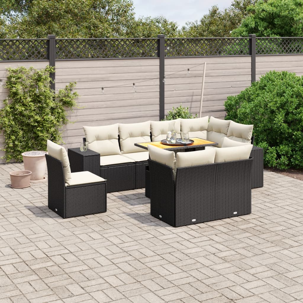 Set Divani da Giardino 9 pz con Cuscini Nero in Polyrattan