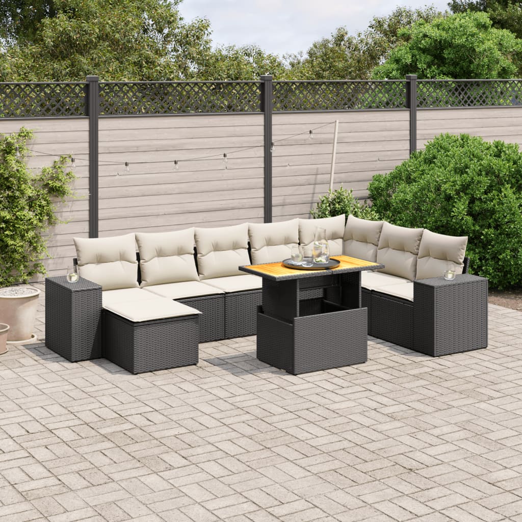 Set Divani da Giardino 9 pz con Cuscini Nero in Polyrattan