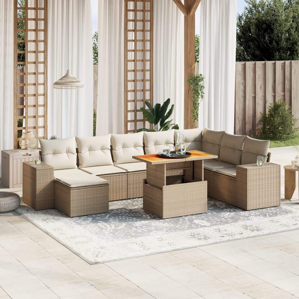 Set Divano da Giardino 9 pz con Cuscini Beige in Polyrattan - homemem39
