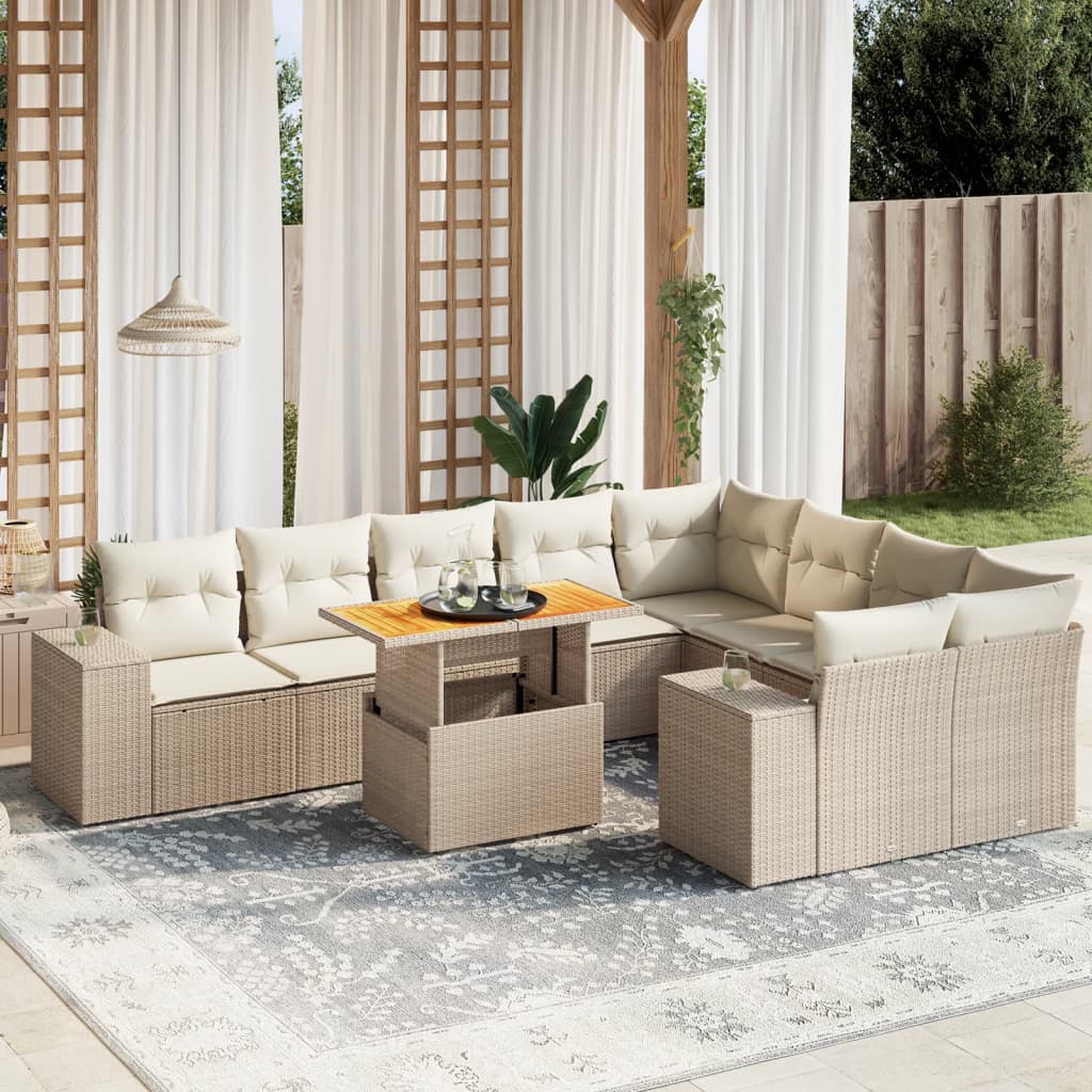 10 pc Garden Sofa Set with Beige Polyrattan Cushions