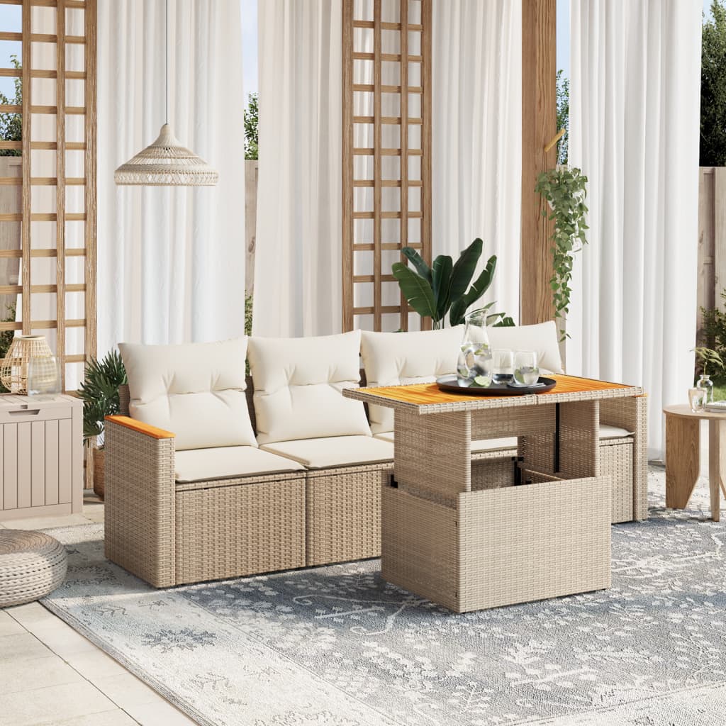 Set Divano da Giardino 5 pz con Cuscini Beige in Polyrattan