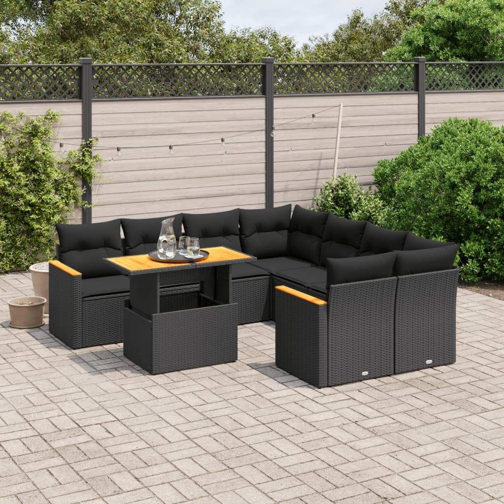 Set Divani da Giardino 9 pz con Cuscini Nero in Polyrattan - homemem39