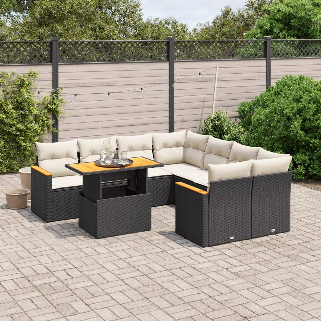 Set Divani da Giardino 9 pz con Cuscini Nero in Polyrattan - homemem39