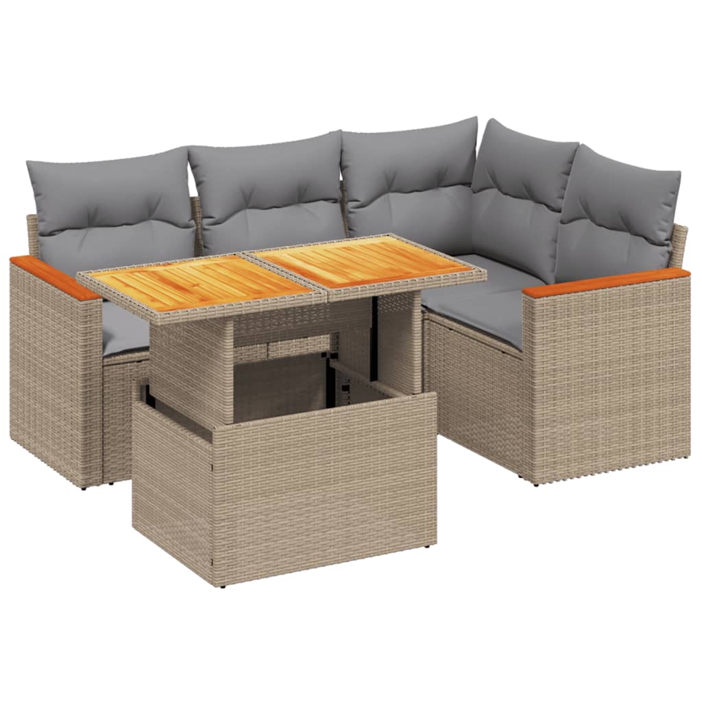 Set Divano da Giardino 5 pz con Cuscini Beige in Polyrattan