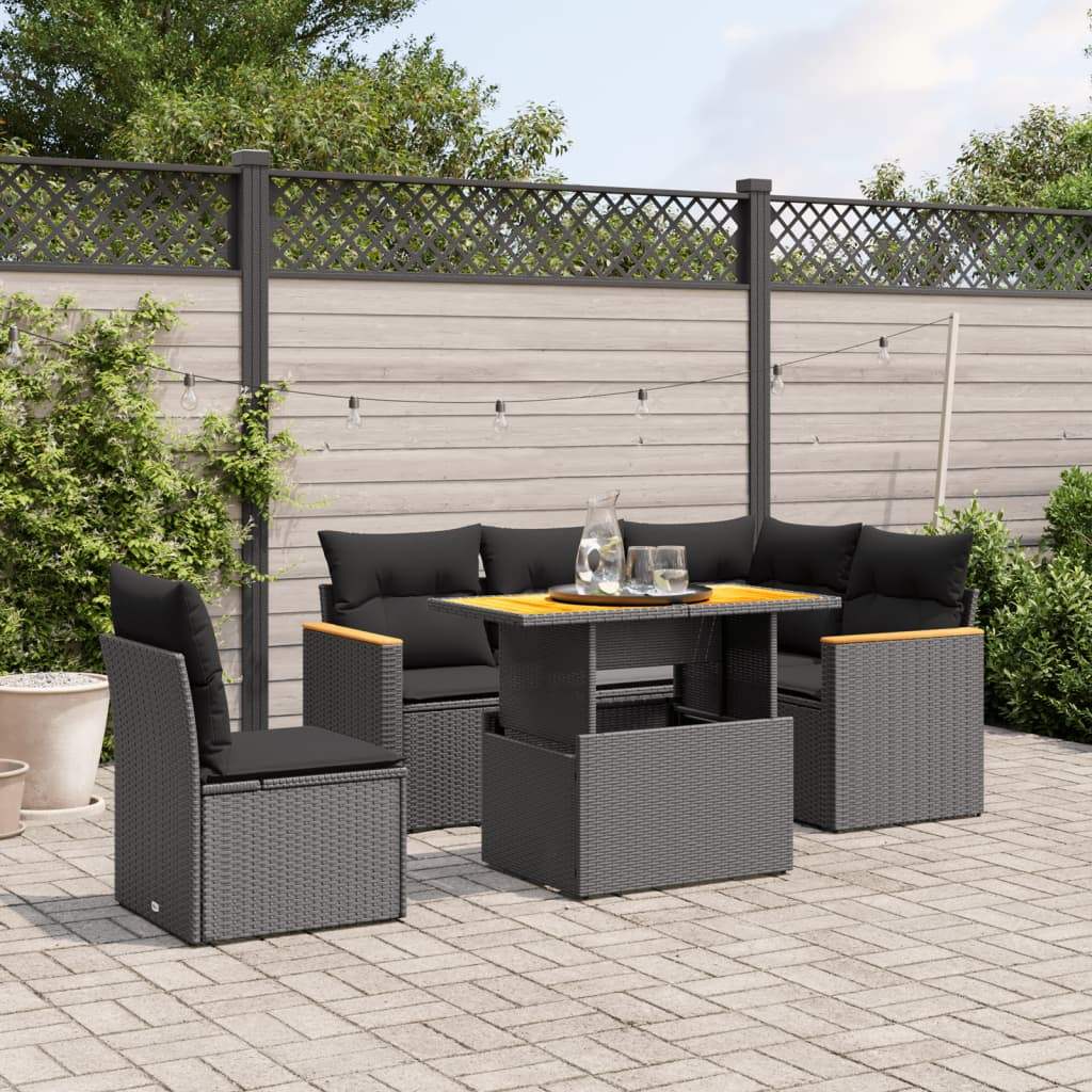 Set Divano da Giardino 6 pz con Cuscini Nero in Polyrattan - homemem39