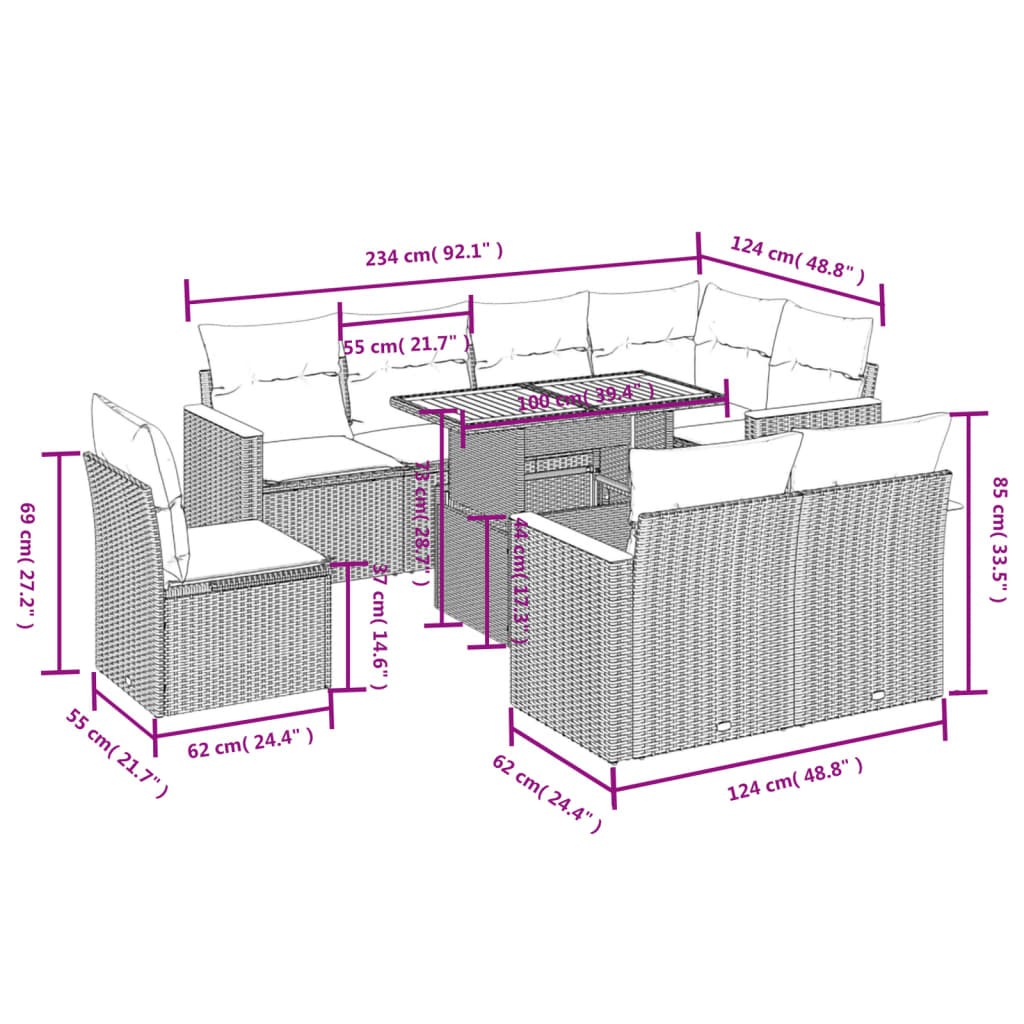 Set Divani da Giardino 9 pz con Cuscini Nero in Polyrattan | homemem39