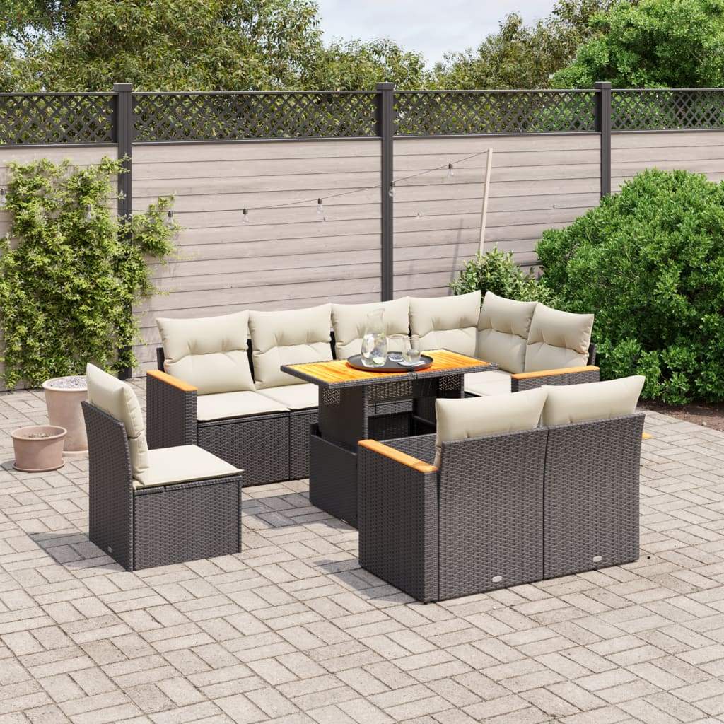 Set Divani da Giardino 9 pz con Cuscini Nero in Polyrattan - homemem39